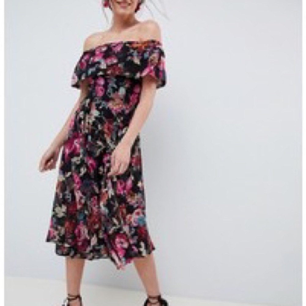 ASOS Bardot Black floral midi dress